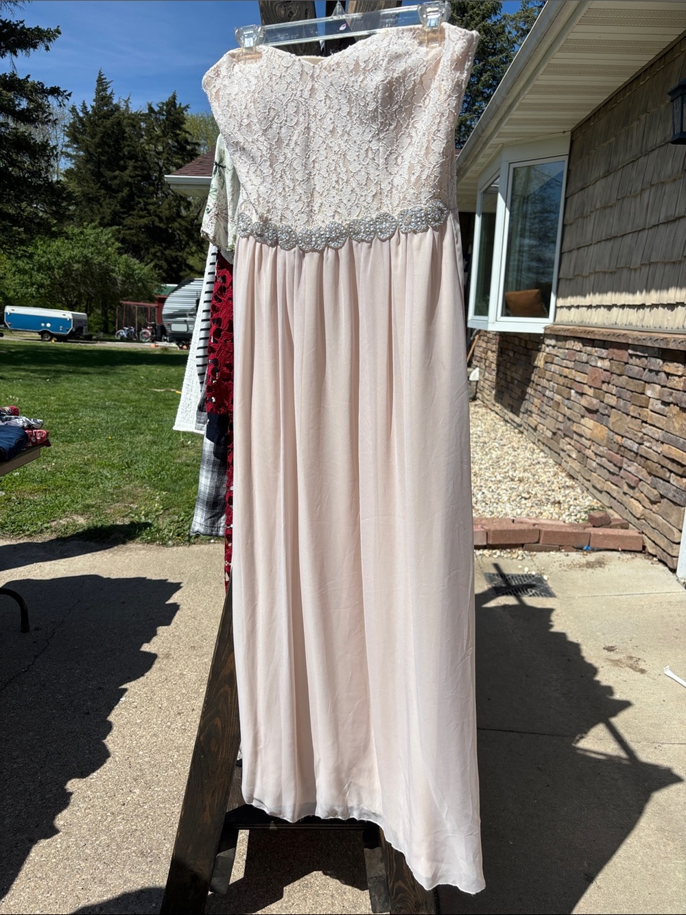 Speechless Strapless Lace & Chiffon Maxi Dress in Blush